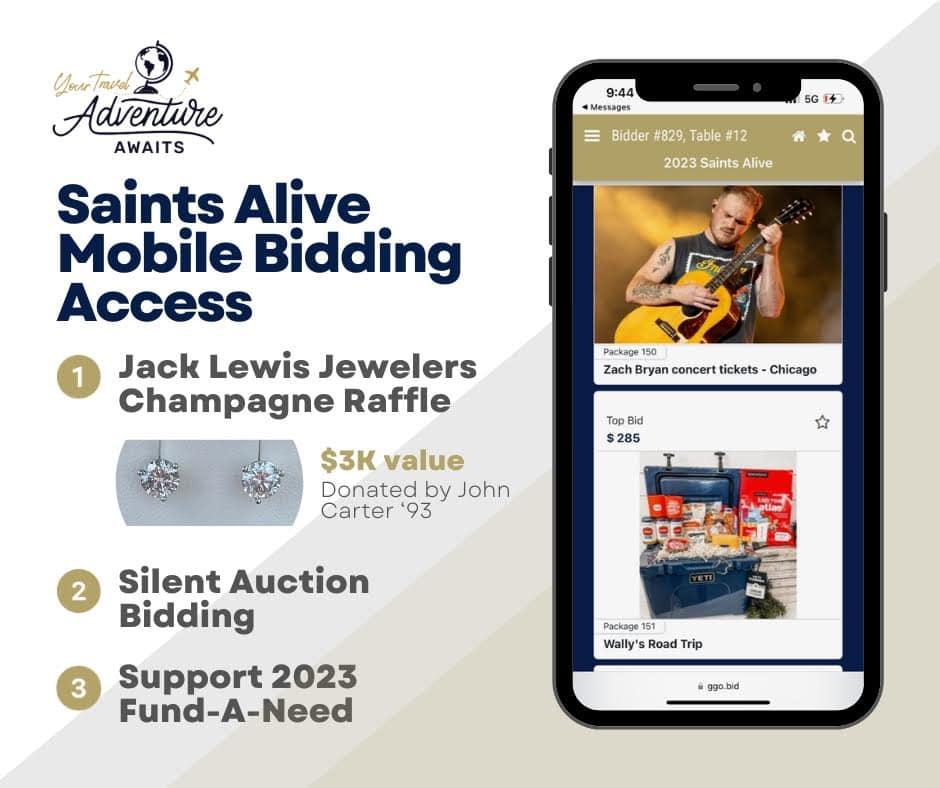 Mobile bidding options for Saints Alive event.